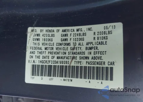 2013 Honda Accord Lx из США, поврежденный, VIN 1HGCR2F32DA189090